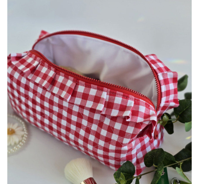 Large red gingham cosmetic bag with ruffles