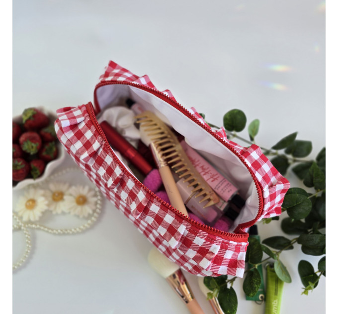 Large red gingham cosmetic bag with ruffles