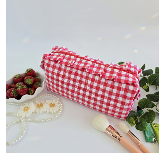 Large red gingham cosmetic bag with ruffles