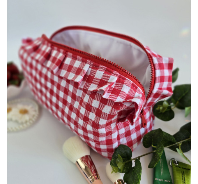 Large red gingham cosmetic bag with ruffles
