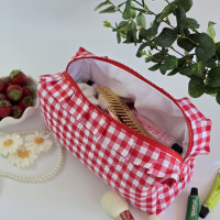 Large red gingham cosmetic bag with ruffles