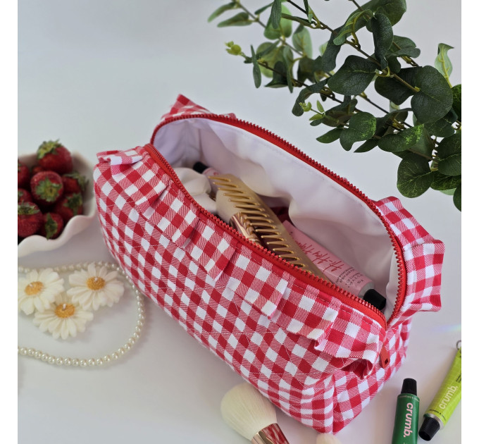 Large red gingham cosmetic bag with ruffles