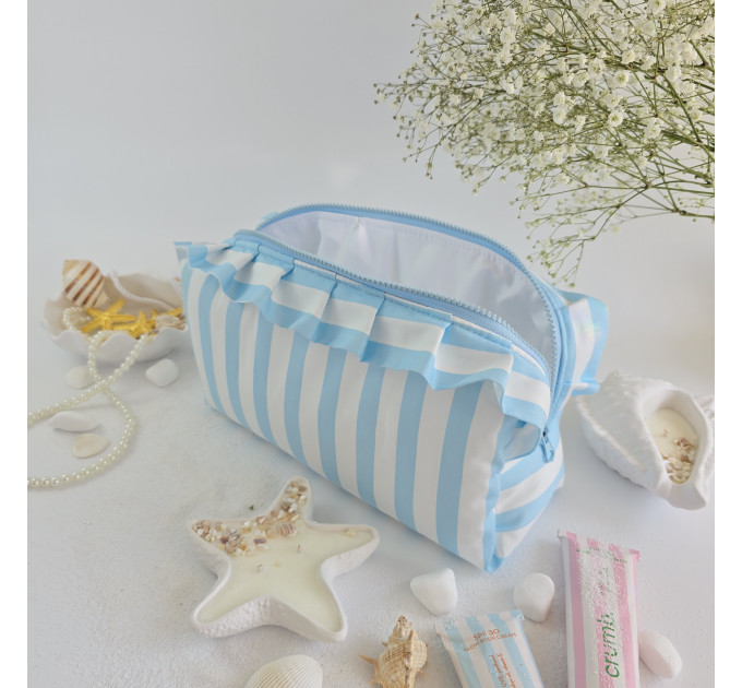 Large sky-blue striped cosmetic bag with ruffles