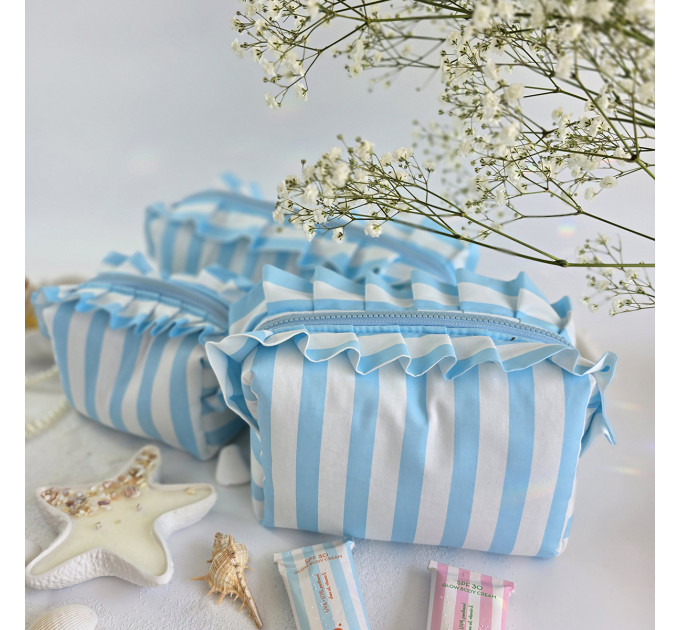 Large sky-blue striped cosmetic bag with ruffles