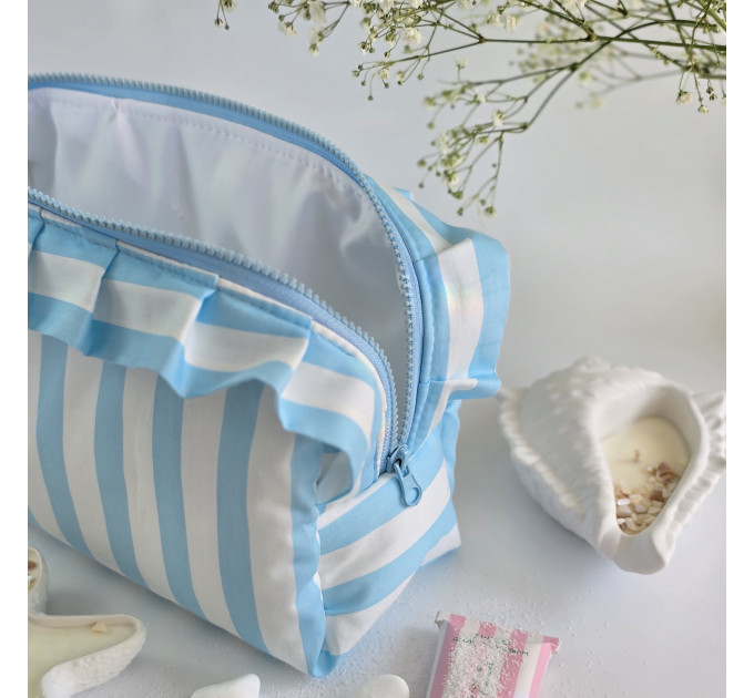 Large sky-blue striped cosmetic bag with ruffles