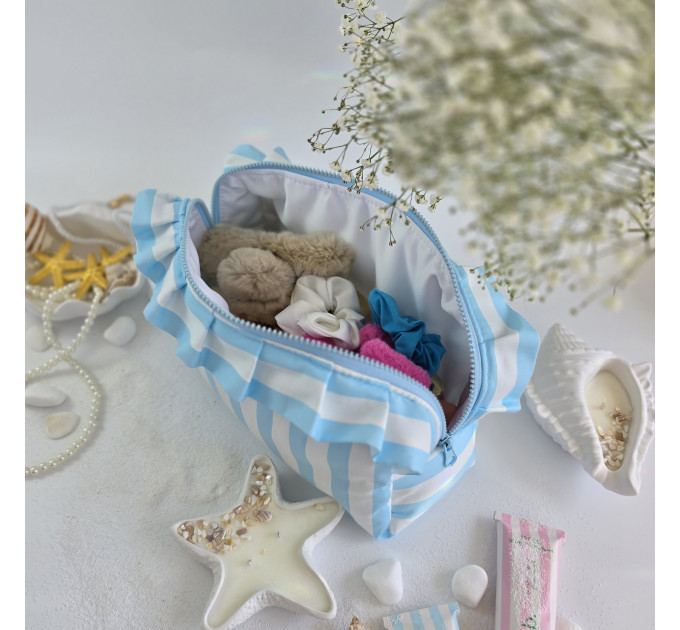 Large sky-blue striped cosmetic bag with ruffles