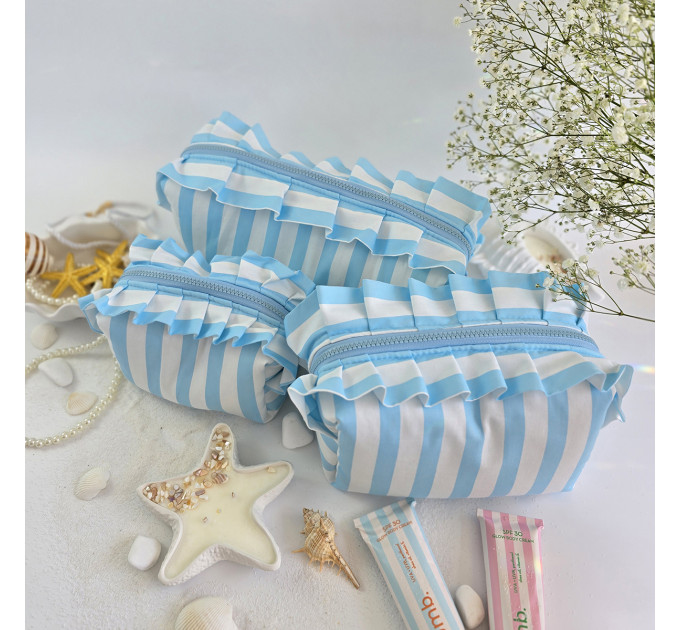 Large sky-blue striped cosmetic bag with ruffles