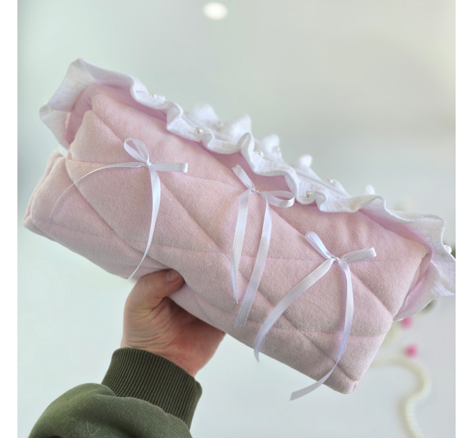 Large soft pink cosmetic bag with ruffles, bows and pearl-like beads