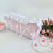 Large soft pink cosmetic bag with ruffles, bows and pearl-like beads