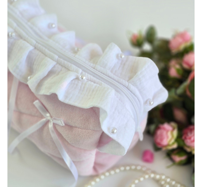 Large soft pink cosmetic bag with ruffles, bows and pearl-like beads