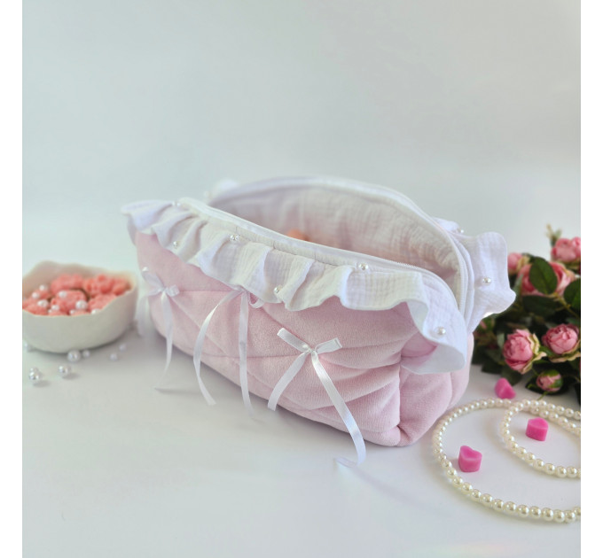 Large soft pink cosmetic bag with ruffles, bows and pearl-like beads