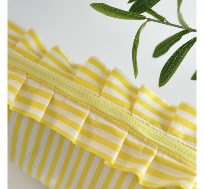 Large yellow striped cosmetic bag with ruffles