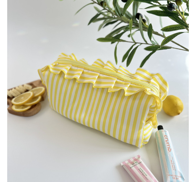 Large yellow striped cosmetic bag with ruffles