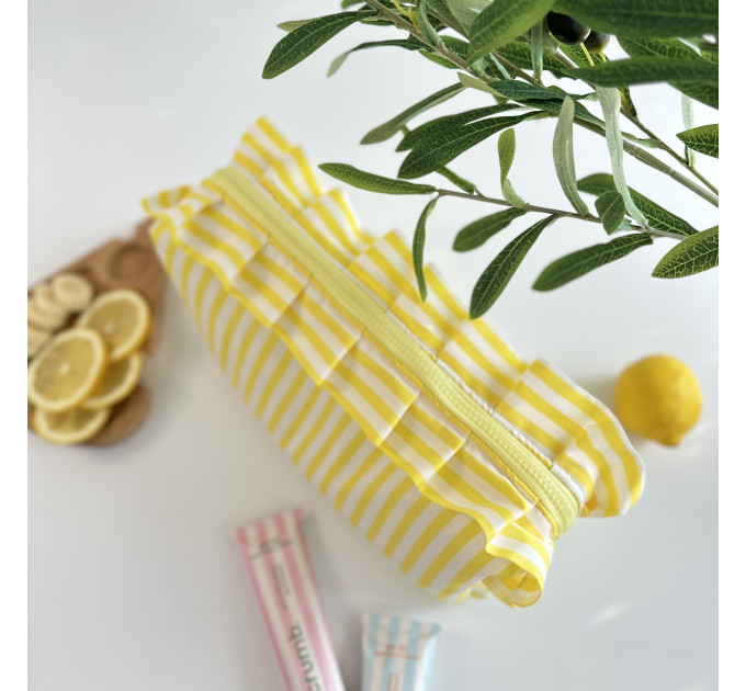 Large yellow striped cosmetic bag with ruffles