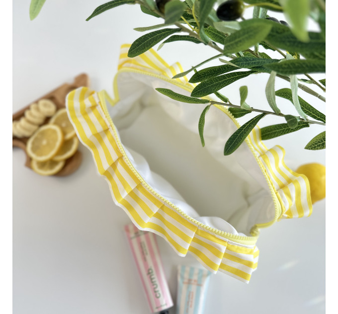 Large yellow striped cosmetic bag with ruffles