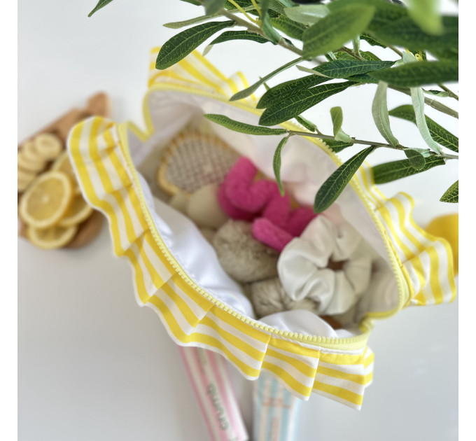 Large yellow striped cosmetic bag with ruffles