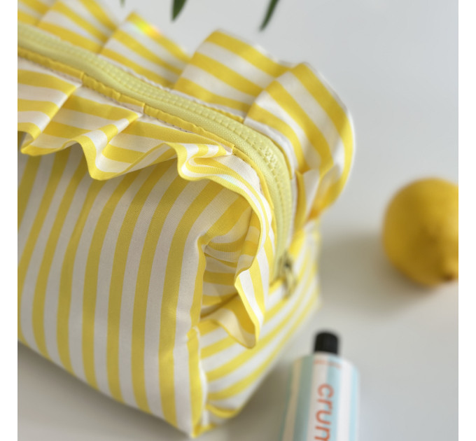 Large yellow striped cosmetic bag with ruffles
