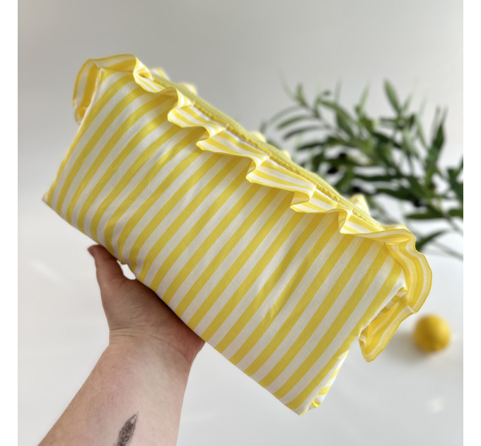 Large yellow striped cosmetic bag with ruffles