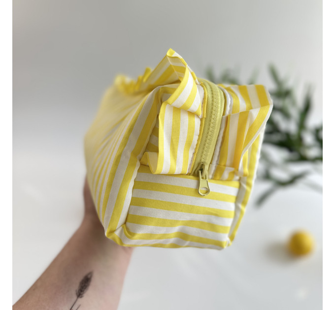 Large yellow striped cosmetic bag with ruffles