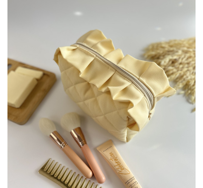 Medium butter yellow cosmetic bag with ruffles