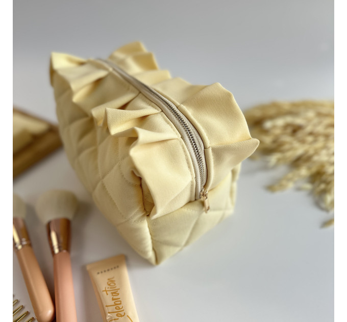Medium butter yellow cosmetic bag with ruffles