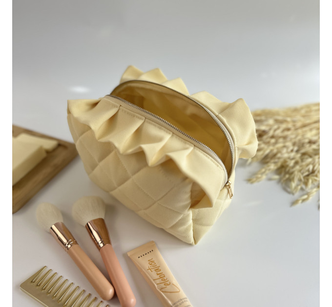 Medium butter yellow cosmetic bag with ruffles