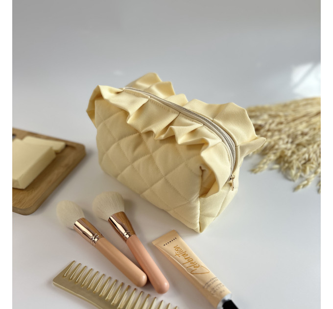 Medium butter yellow cosmetic bag with ruffles