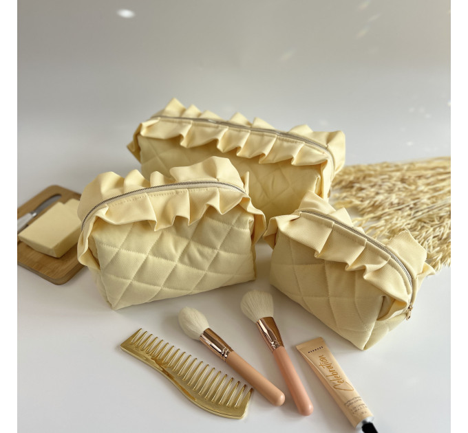 Medium butter yellow cosmetic bag with ruffles