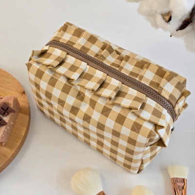 Medium checkered brown cosmetic bag with ruffles