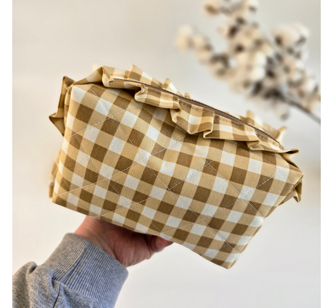 Medium checkered brown cosmetic bag with ruffles