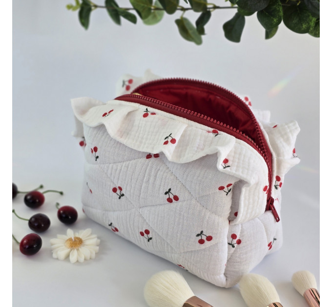 Medium cherries cosmetic bag with ruffles