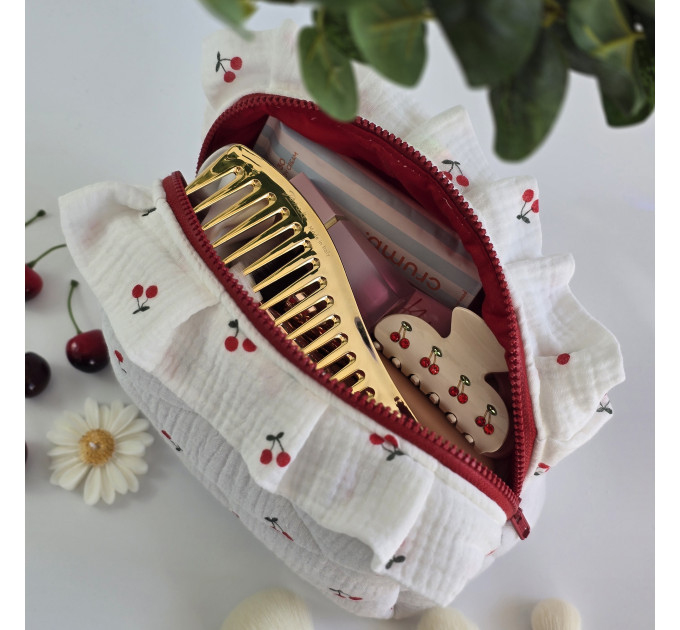 Medium cherries cosmetic bag with ruffles