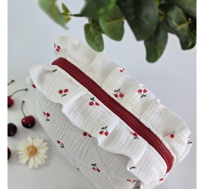 Medium cherries cosmetic bag with ruffles