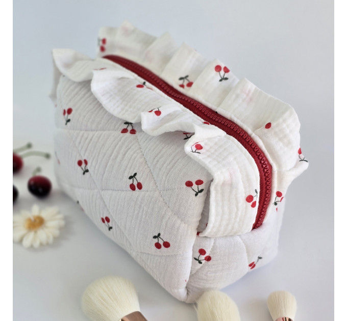 Medium cherries cosmetic bag with ruffles