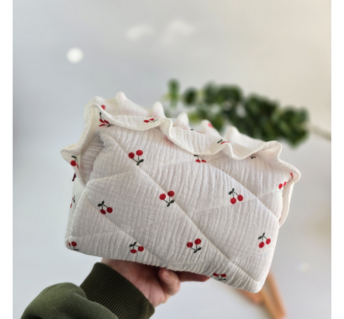 Medium cherries cosmetic bag with ruffles