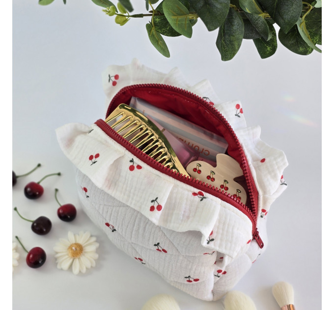Medium cherries cosmetic bag with ruffles