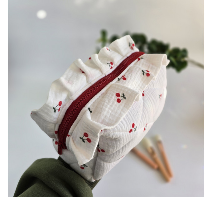 Medium cherries cosmetic bag with ruffles