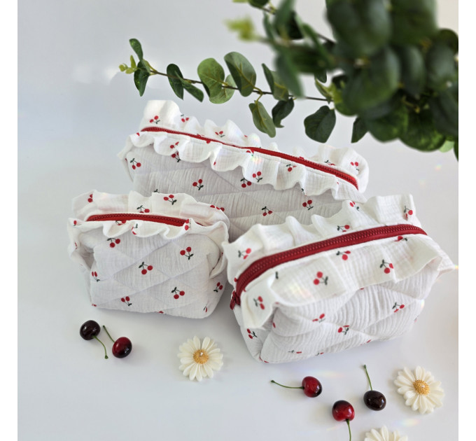 Medium cherries cosmetic bag with ruffles