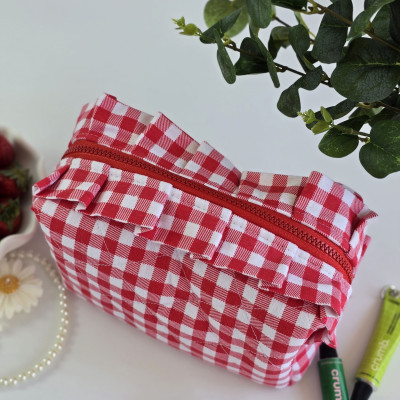 Medium red gingham cosmetic bag with ruffles