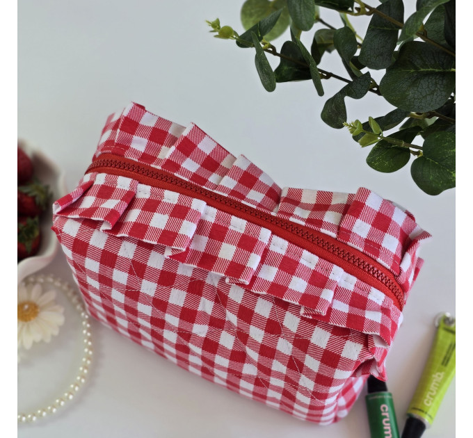 Medium red gingham cosmetic bag with ruffles