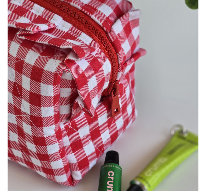 Medium red gingham cosmetic bag with ruffles