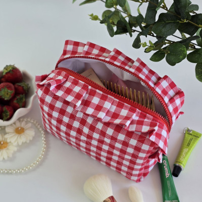 Medium red gingham cosmetic bag with ruffles
