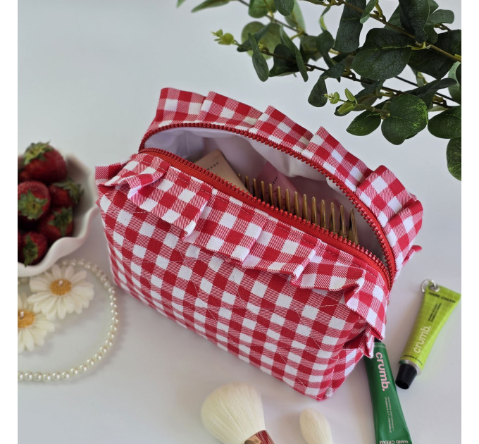 Medium red gingham cosmetic bag with ruffles
