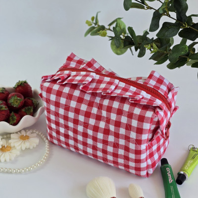 Medium red gingham cosmetic bag with ruffles