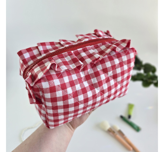 Medium red gingham cosmetic bag with ruffles
