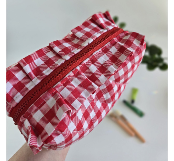 Medium red gingham cosmetic bag with ruffles