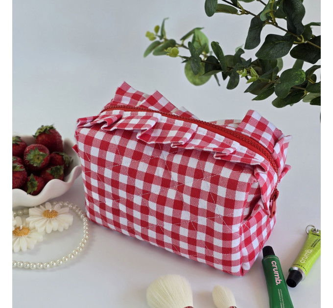 Medium red gingham cosmetic bag with ruffles