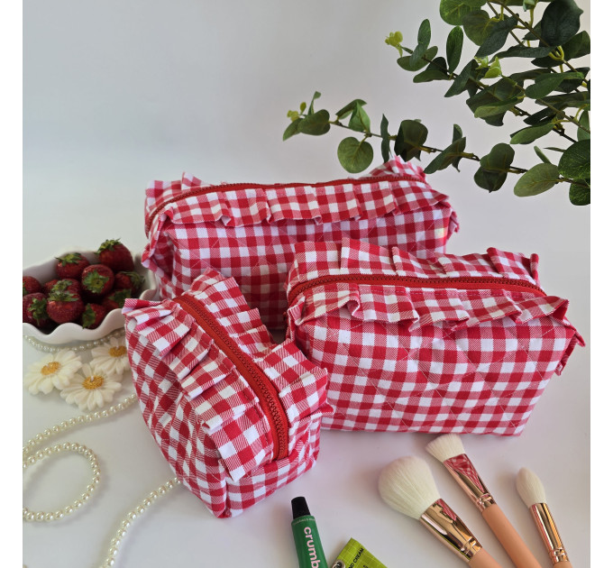 Medium red gingham cosmetic bag with ruffles