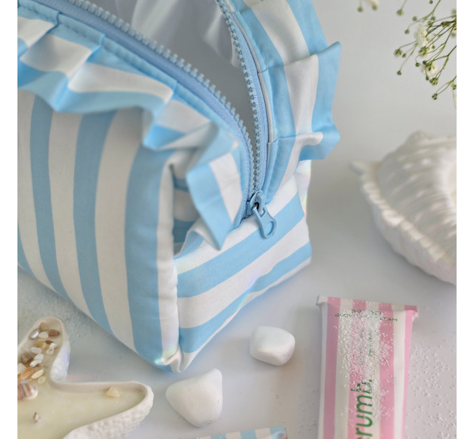 Medium sky-blue striped cosmetic bag with ruffles