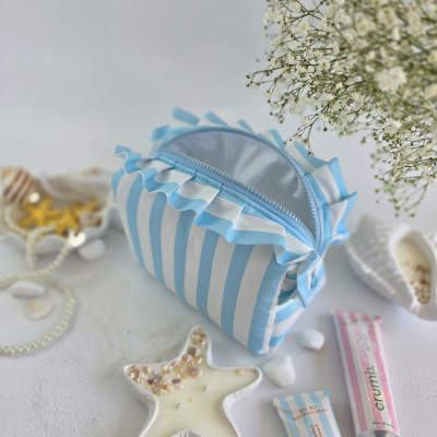 Medium sky-blue striped cosmetic bag with ruffles
